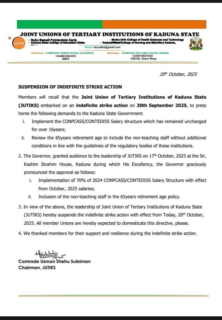 BREAKING! Joint Union Of Tertiary Institutions In Kaduna State Suspend Indefinite Strike BREAKING! Joint Union Of Tertiary Institutions In Kaduna State Suspend Indefinite Strike